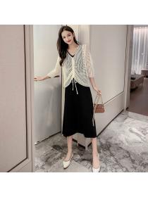 Outlet Long hollow autumn dress knitted all-match smock 2pcs set