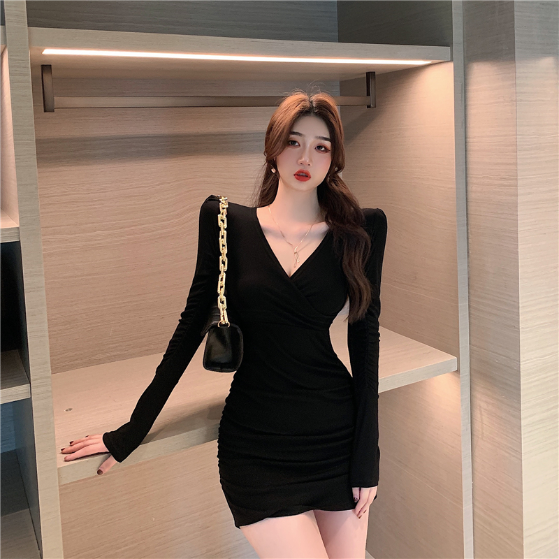 Outlet Package hip long sleeve slim sexy fold V-neck dress