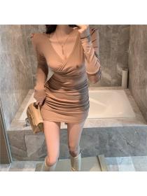 Outlet Package hip long sleeve slim sexy fold V-neck dress