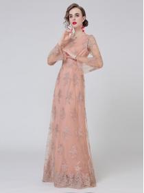 Grace Horn Sleeve Flower  Embroidery  Maxi Dress