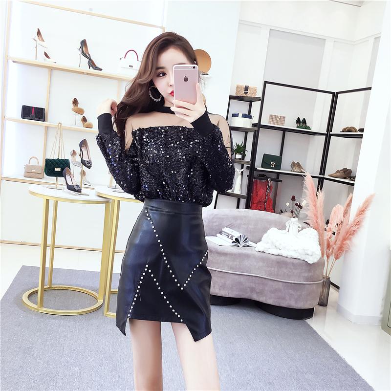 Outlet Autumn and winter beading leather skirt splice tops a set