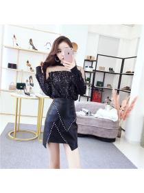 Outlet Autumn and winter beading leather skirt splice tops a set