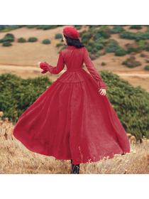 Vintage Style Red Velvet Long-sleeved Umbrella Dress