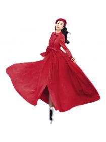 Vintage Style Red Velvet Long-sleeved Umbrella Dress