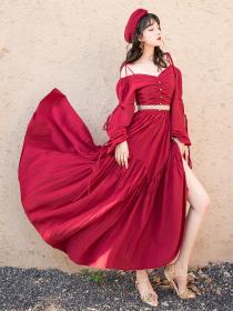 Vintage Style Elegant Plain Red Long-sleeved Dress