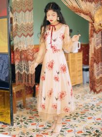 Vintage Style Summer Fashion Embroideried Chiffon Square Neckline Dress