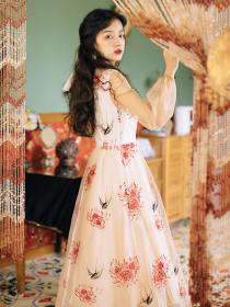 Vintage Style Summer Fashion Embroideried Chiffon Square Neckline Dress 