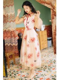 Vintage Style Summer Fashion Embroideried Chiffon Square Neckline Dress 