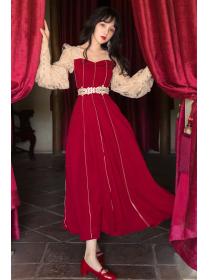Vintage Style Lace Slim Beach Long-sleeved  Dress 