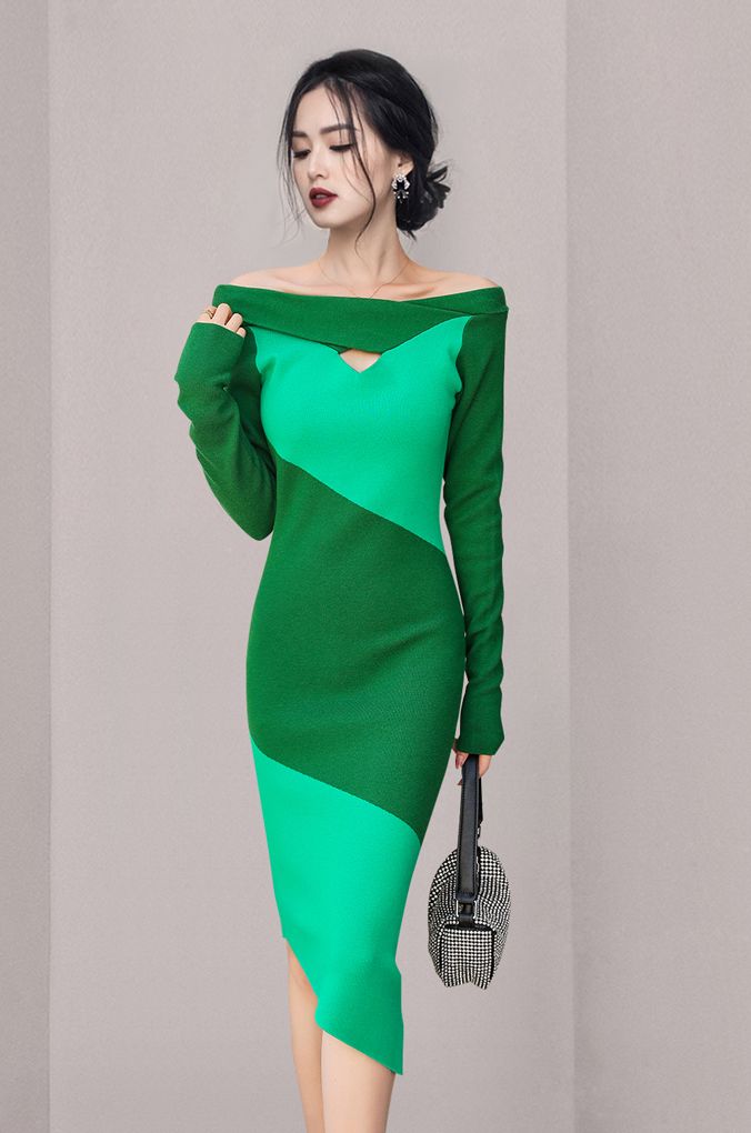 Off Collars Sexy Color Matching Slim Dress