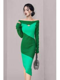Off Collars Sexy Color Matching Slim Dress 