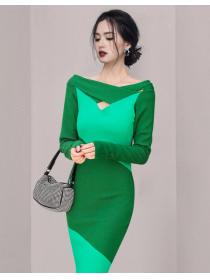 Off Collars Sexy Color Matching Slim Dress 