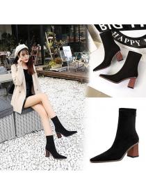 Outlet wood grain heel thick heel high fashion sexy lean suede small square toe ankle boots winter women's boots