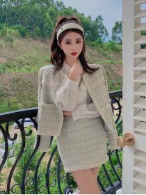 Outlet Fashion thin woolen coat fashion and elegant skirt 2pcs set