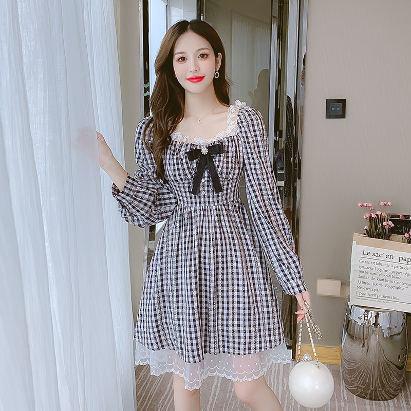 Outlet France style autumn tender lace plaid dress for women