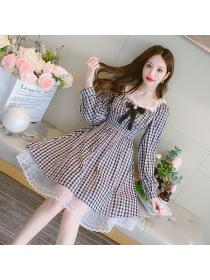 Outlet France style autumn tender lace plaid dress for women
