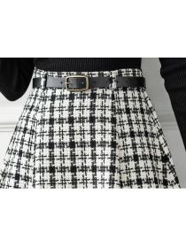 Korea style Vintage fashion High waist Plaid Long skirt With belt 