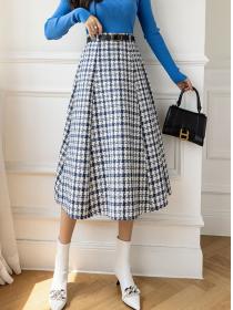 Korea style Vintage fashion High waist Plaid Long skirt With belt 