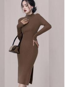 Stand Collars Pure Color Open Fork Knitting Dress