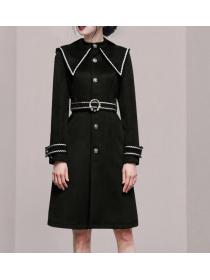 Korean Style Stand Collars Bead Matching Fashion Coat 