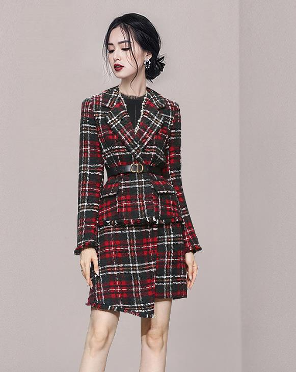 Grid Printing Fashion Nobel Coat+Irrgual Fashion Skirt
