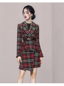 Grid Printing Fashion Nobel Coat+Irrgual Fashion Skirt 