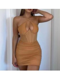 Outlet hot style sexy cross criss backless hip-full corset halter dress 