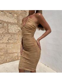 Outlet hot style sexy party wear backless plain pleated halter dress
