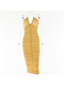 Outlet hot style sexy party wear backless plain pleated halter dress