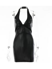 Outlet hot style sexy party wear Pu leather backless halter dress