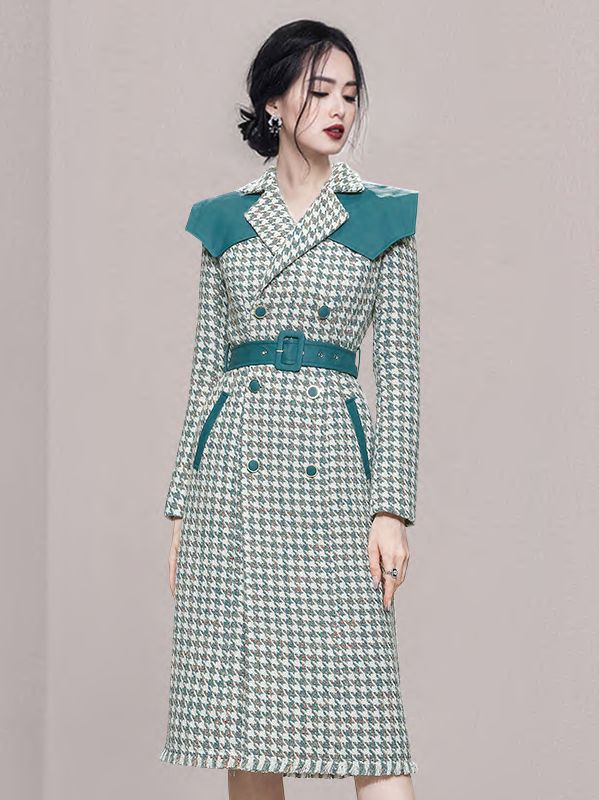 Korean Style Tweed Trim  V  Neck Fashion Dress