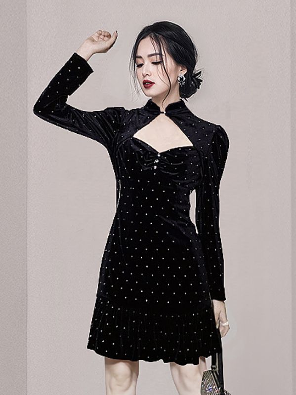 Korean Style Stand Collars Velvet  Falbala  Nobel Dress