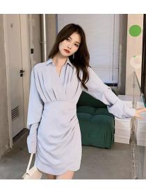 Korean Style Show Waist Drape Pure Color Dress