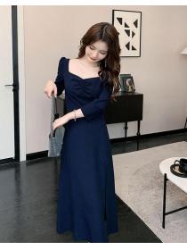 Korean Style square-cut Collar Drape Pure Color Dress