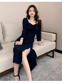 Korean Style square-cut Collar Drape Pure Color Dress
