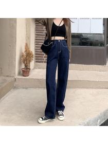 Outlet Vintage style women's loose high waist slim straight leg wide jeans 