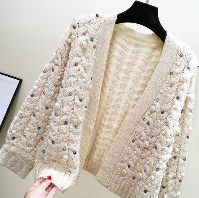 Outlet  hand-sewn pearl cardigan sweater female thickened long-sleeved cardigans