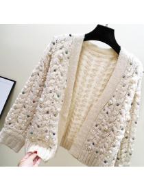 Outlet  hand-sewn pearl cardigan sweater female thickened long-sleeved cardigans