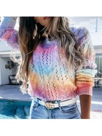 Outlet irregular gradient tie-dye rainbow sweater round-neck hollow-out pullover