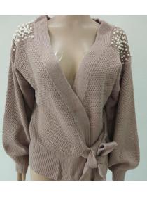 Outlet Autumn new long-sleeved V neck tie bow pearl  knit cardigan for women