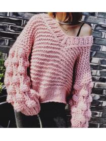 Outlet Hand-woven lantern sleeve V-neck pullover sweater for women