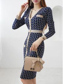 Korean Style Grid Printing Slim Knitting Dress 