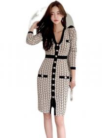 Korean Style Grid Printing Slim Knitting Dress 