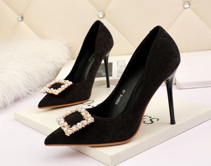 Outlet Sexy pointed high heels with shallow mouth, rhinestones , square button beaded shoes for w...
