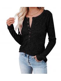 Outlet Autumn and winter new  round-neck  button long sleeve T-shirt casual top