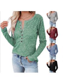 Outlet Autumn and winter new  round-neck  button long sleeve T-shirt casual top 