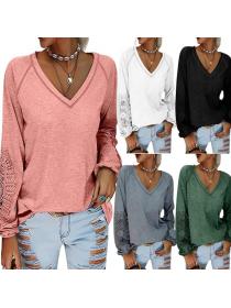 Outlet Autumn/winter new pure color V-neck lantern sleeve T-shirt