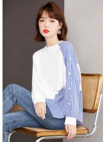 Outlet Winter irregular shirt stripe Pseudo-two hoodie for women