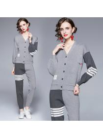Outlet Mixed colors knitted sweatpants pocket cardigan a set for women