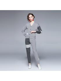 Outlet Mixed colors knitted sweatpants pocket cardigan a set for women